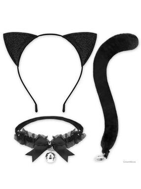 Black Cat Costume Set Cat Ears Headband Plush Tail Bell Choker Cosplay